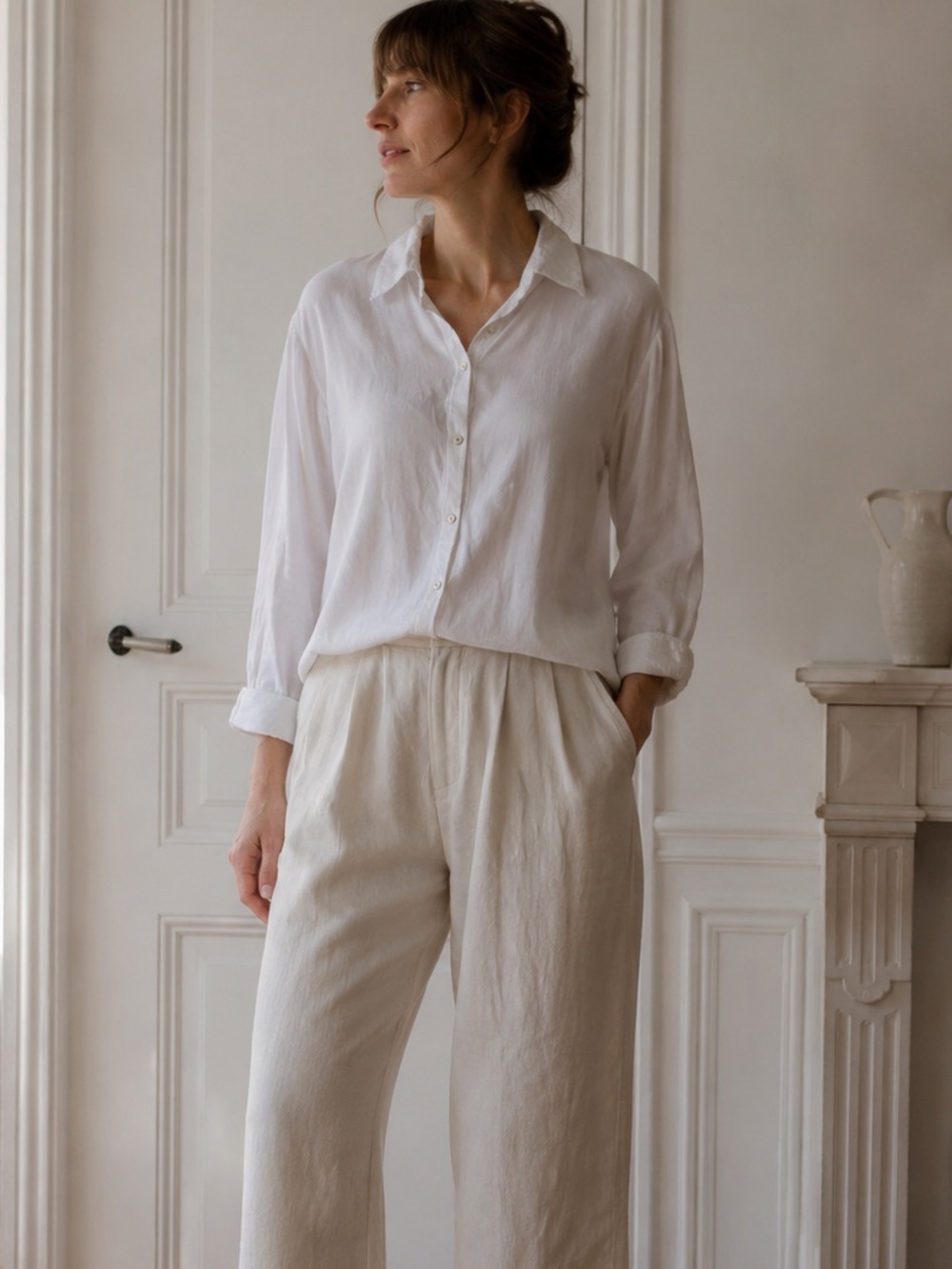Eileen Fisher Linen Blend White Button Front Blouse Medium Quiet Luxury